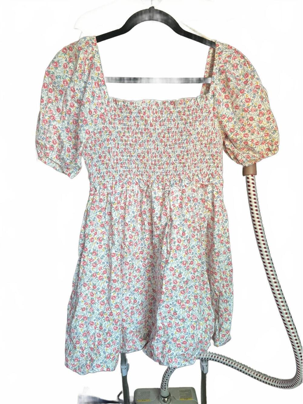 Boho Cottagecore Soft Girl Floral Short Puff Sleeve Smocked Mini Dress w/ Lining